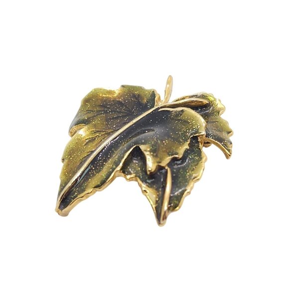 Vintage Autumn Leaf Brooch Green Glitter Enamel Gold Tone - Picture 2 of 10